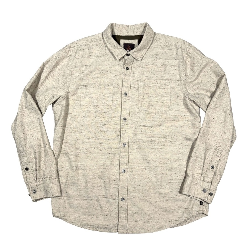 Prana Trey Flannel Shirt Mens L Stone Heather Organic Cotton Blend Long Sleeve